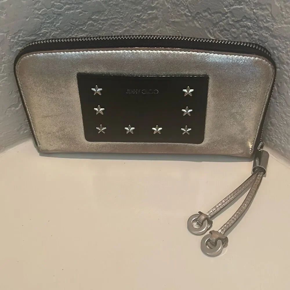 Jimmy Choo Zip Around Long Wallet Black Metallic Silver Star Accent Colorblock
